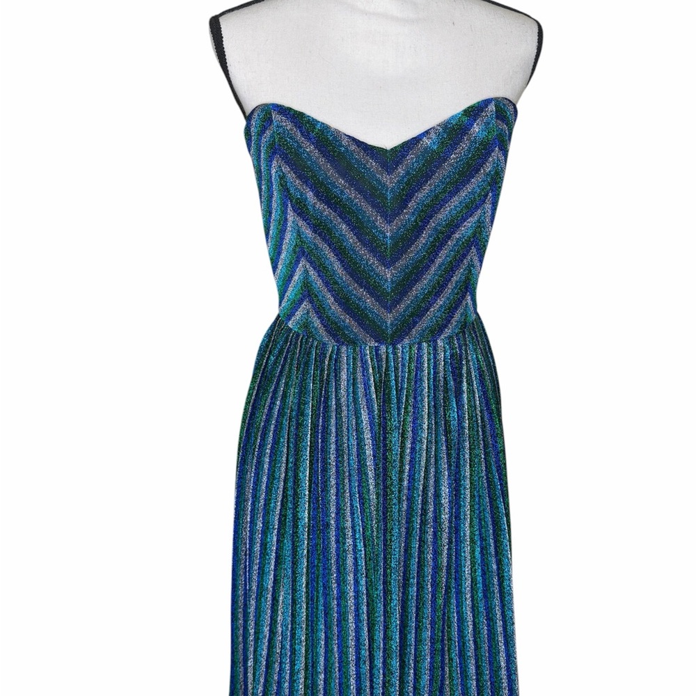Strapless Blue-Green Metallic Chevron Maxi Dress